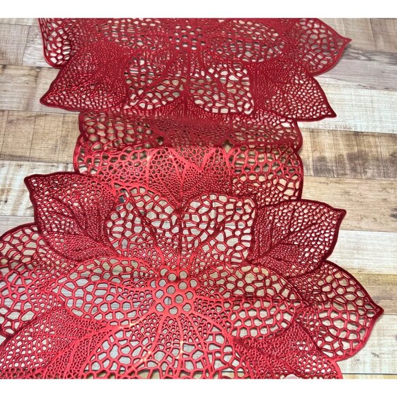 Lazer Die Cut Vinyl Lace Christmas Red Poinsettia Table Runner 6 Feet x 14.5'' - Picture 2 of 2